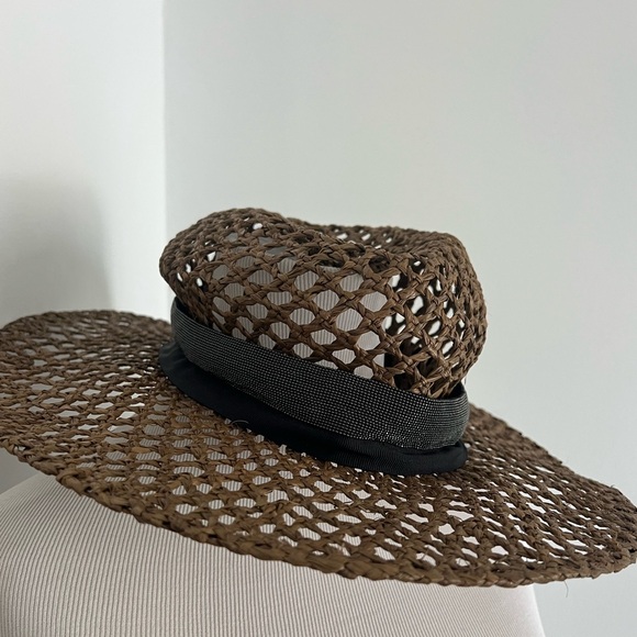 NWT Brunello Cucinelli Italy Size M Raffia women Hat Silver Monili Brown - Picture 9 of 13